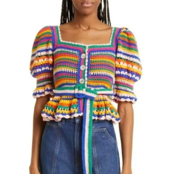 NWOT Rare Farm Rio Stripe Multicolor Crochet Cotton Blend Sweater/Top S $240 - Picture 7 of 11